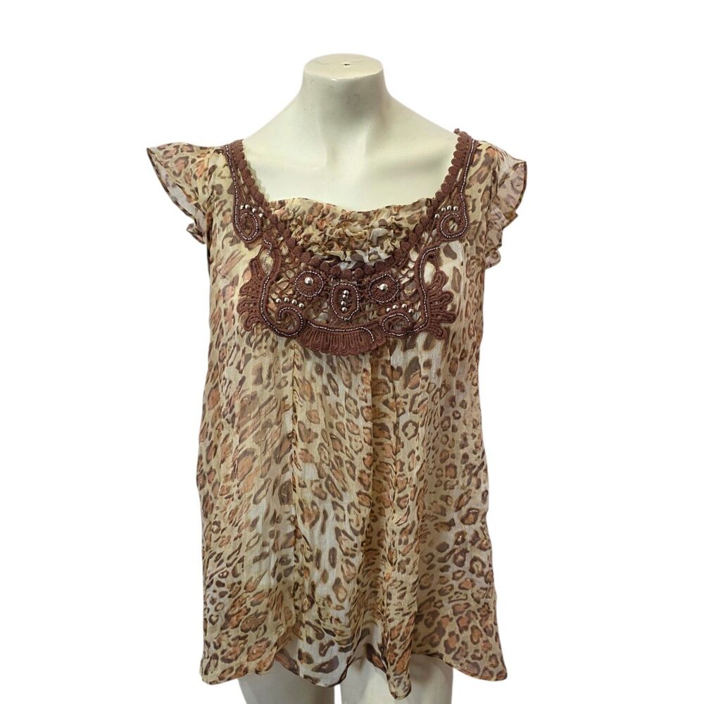 NY Collection XL Leopard Print Embellished Sheer Flutter Sleeve Boho Blouse Top